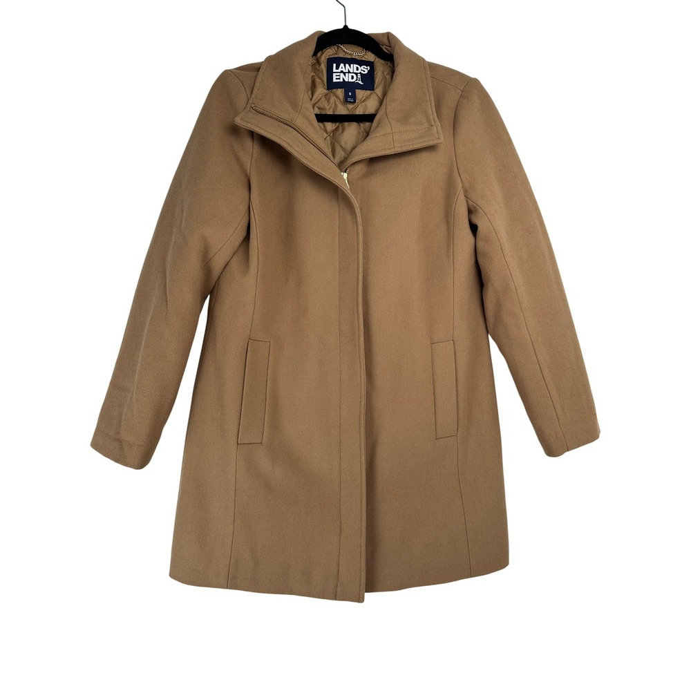 Lands End Womens Camel Wool Blend Insulated Car Coat Funnel Neck Tan Size 8